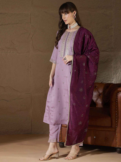 Aarohi lavender Women Kurta and Pant Sets Silk Blend Fabric
