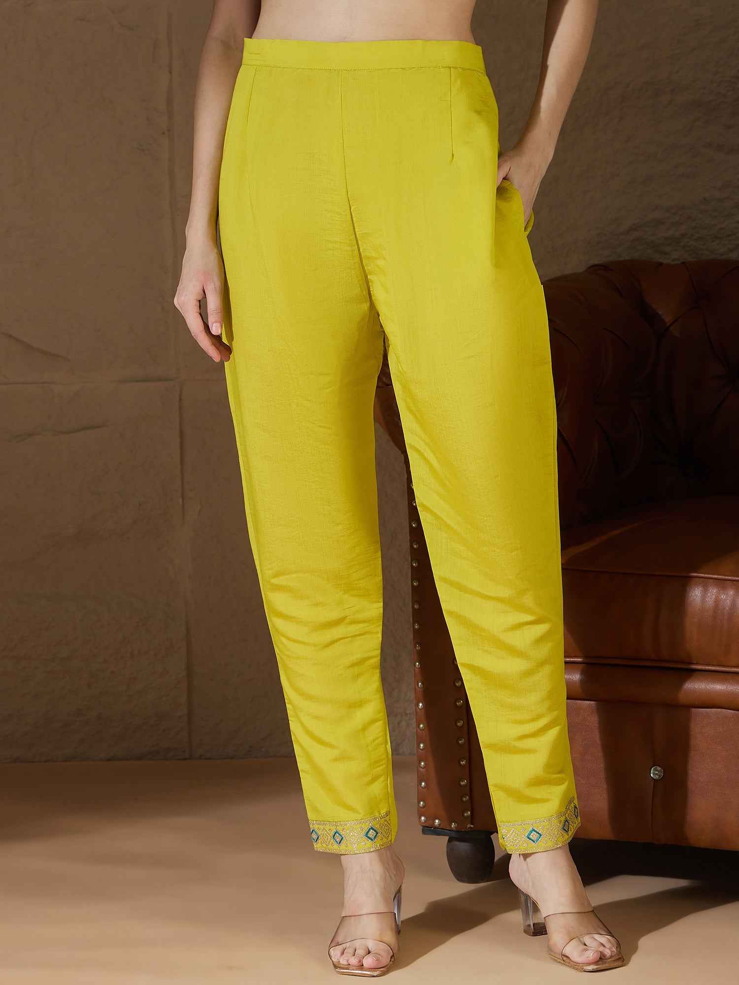 Aarohi lemon Women Kurta and Pant Sets Silk Blend Fabric