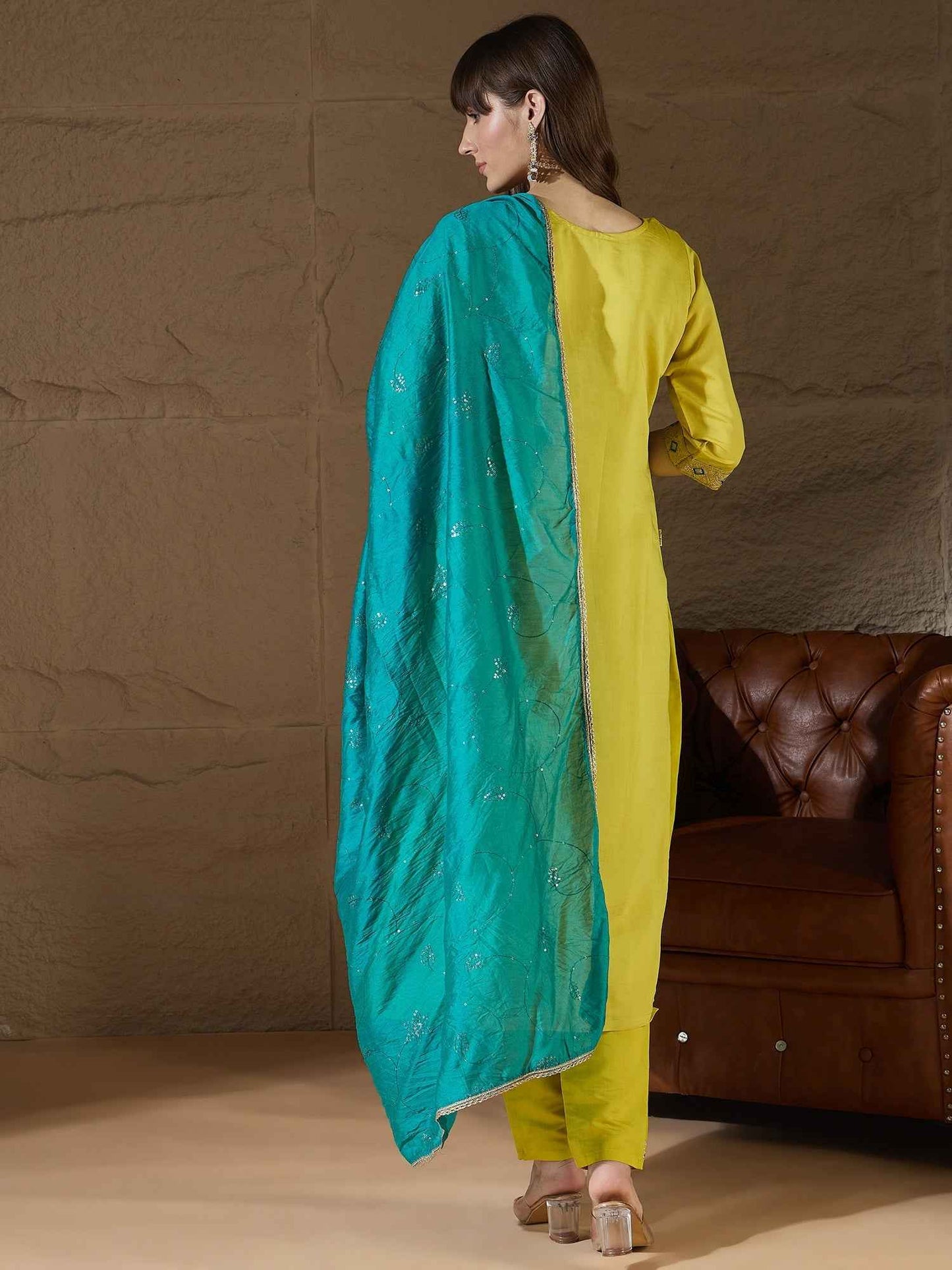 Aarohi lemon Women Kurta and Pant Sets Silk Blend Fabric