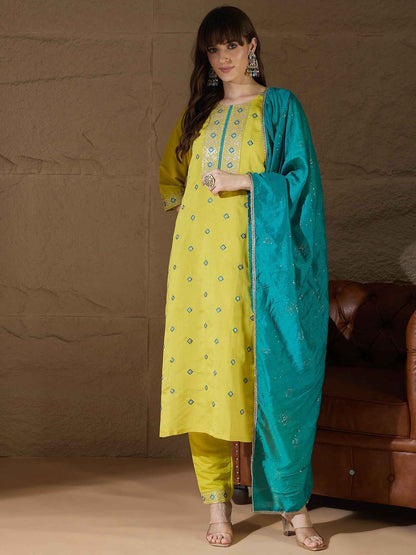 Aarohi lemon Women Kurta and Pant Sets Silk Blend Fabric