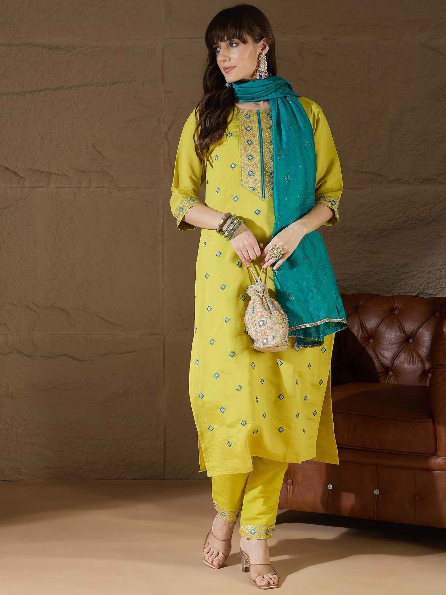 Aarohi lemon Women Kurta and Pant Sets Silk Blend Fabric