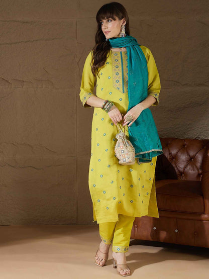Aarohi lemon Women Kurta and Pant Sets Silk Blend Fabric