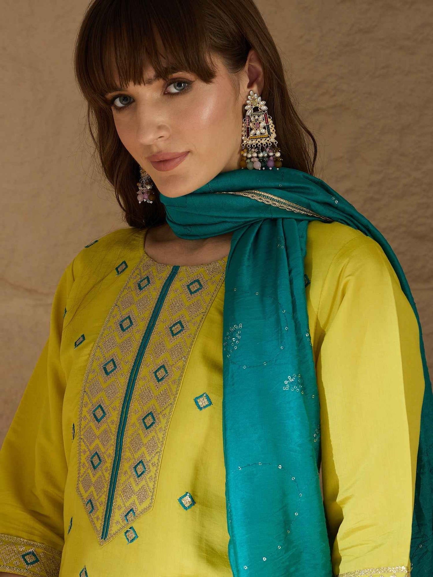 Aarohi lemon Women Kurta and Pant Sets Silk Blend Fabric
