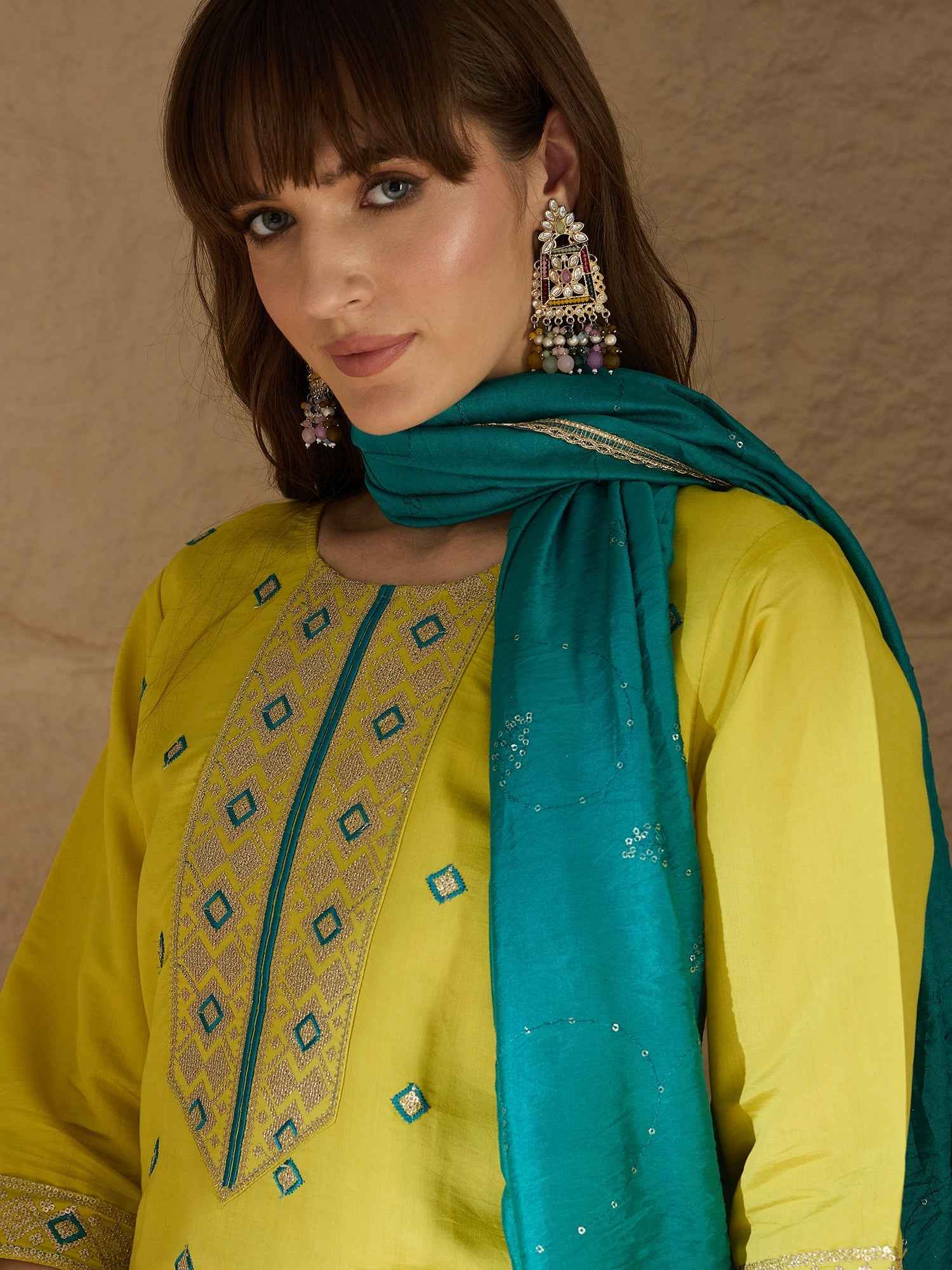 Aarohi lemon Women Kurta and Pant Sets Silk Blend Fabric