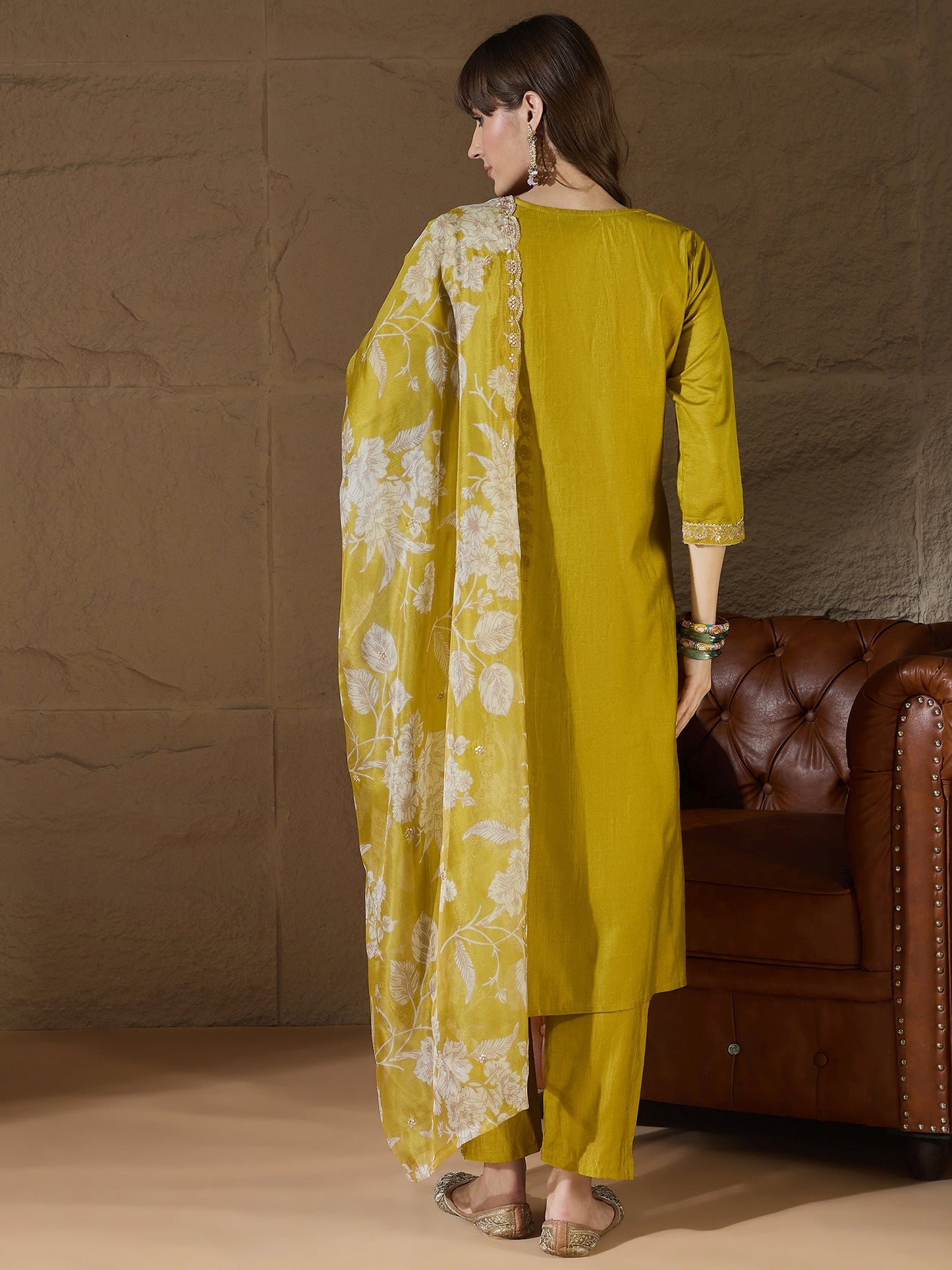 Chitra Charm Lemon Yoke Design Silk Blend Straight Suit With Dupatta - FitVibe Fashion