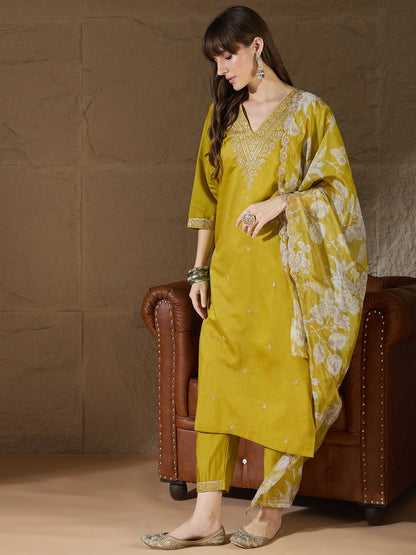 Chitra Charm Lemon Yoke Design Silk Blend Straight Suit With Dupatta - FitVibe Fashion