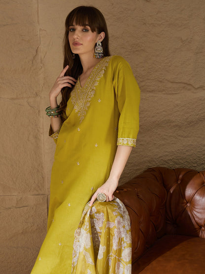 Chitra Charm Lemon Yoke Design Silk Blend Straight Suit With Dupatta - FitVibe Fashion