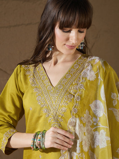 Chitra Charm Lemon Yoke Design Silk Blend Straight Suit With Dupatta - FitVibe Fashion