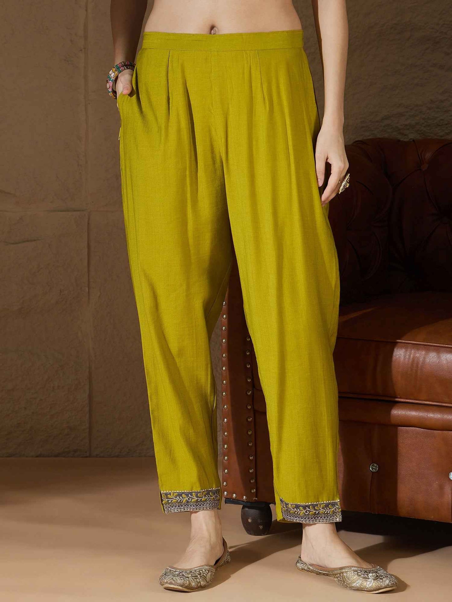 Andaz Mustard Women's Silk Blend Embroidered Kurta Pant with Dupatta Set