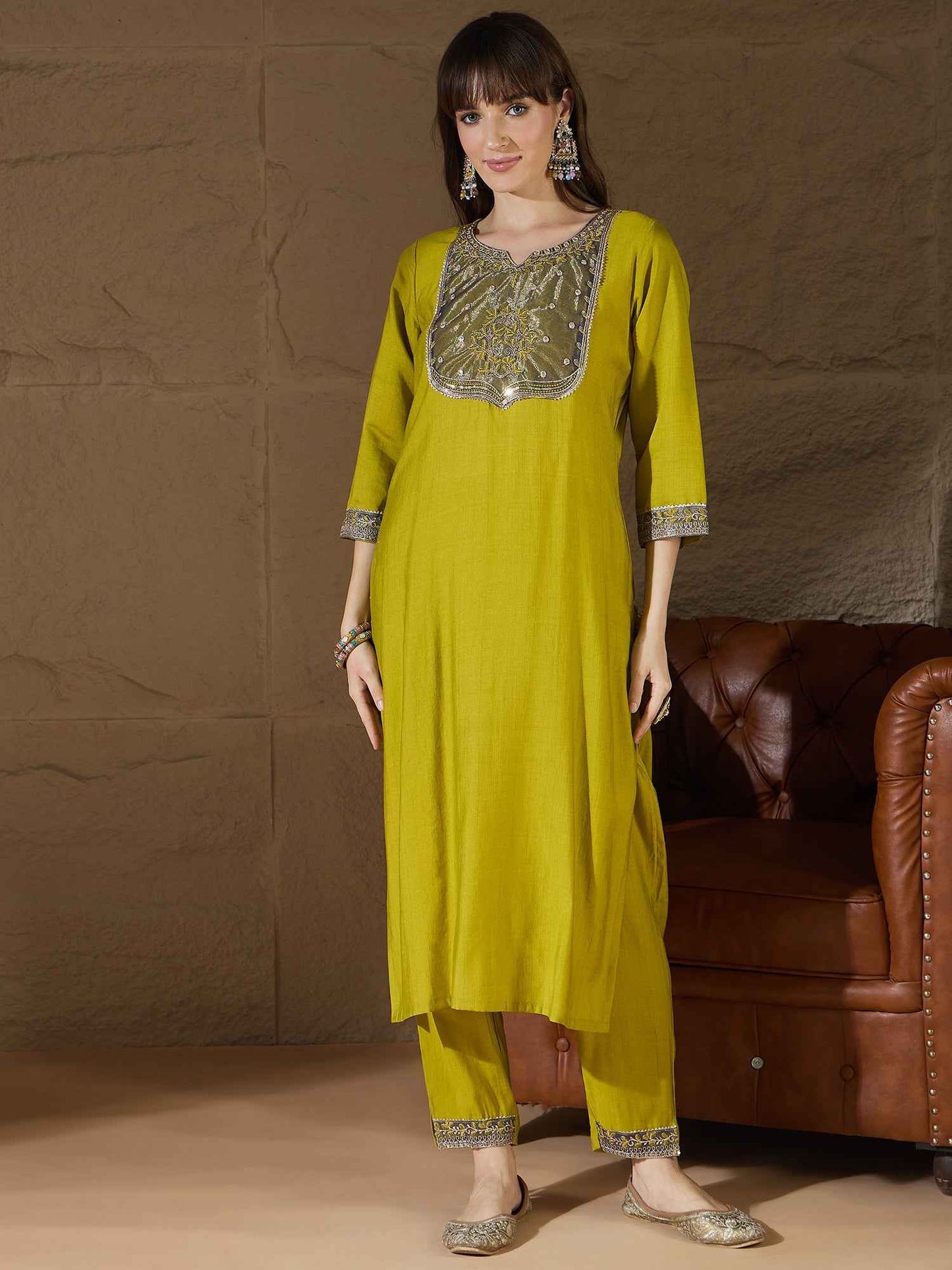 Andaz Mustard Women's Silk Blend Embroidered Kurta Pant with Dupatta Set