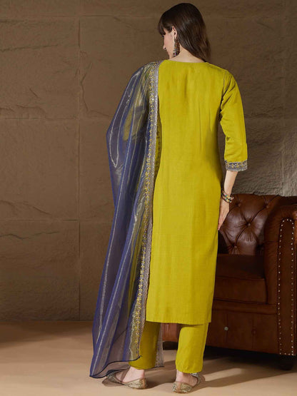 Andaz Mustard Women's Silk Blend Embroidered Kurta Pant with Dupatta Set