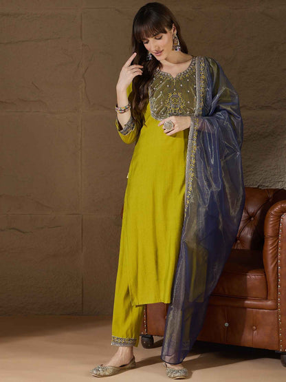 Andaz Mustard Women's Silk Blend Embroidered Kurta Pant with Dupatta Set