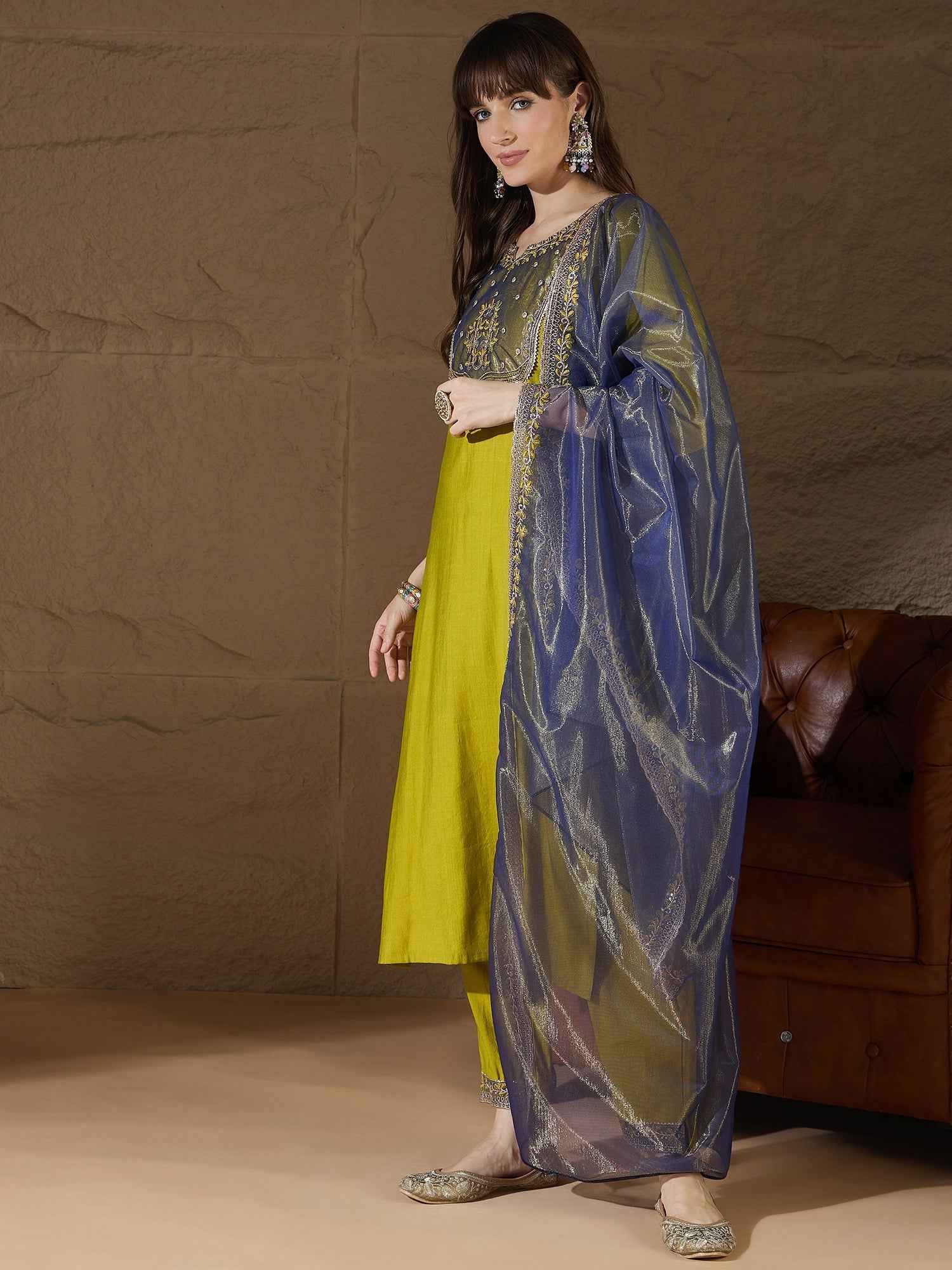 Andaz Mustard Women's Silk Blend Embroidered Kurta Pant with Dupatta Set