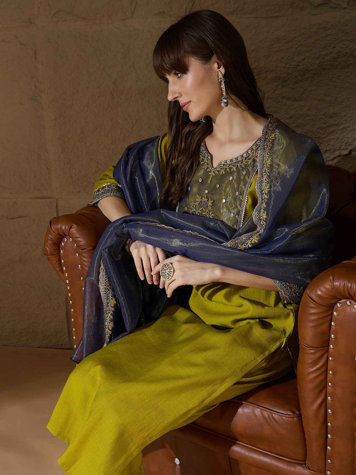 Andaz Mustard Women's Silk Blend Embroidered Kurta Pant with Dupatta Set