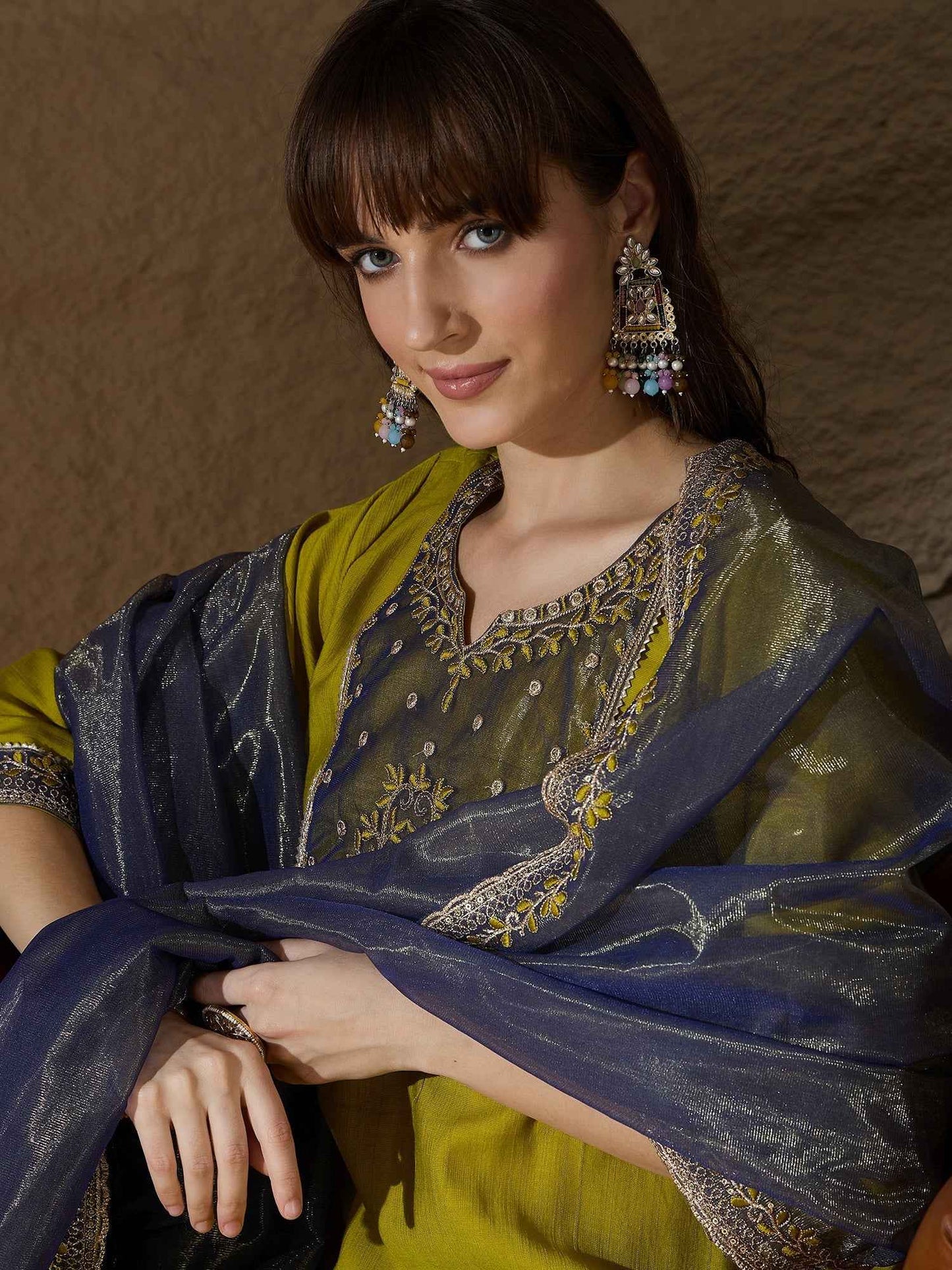 Andaz Mustard Women's Silk Blend Embroidered Kurta Pant with Dupatta Set