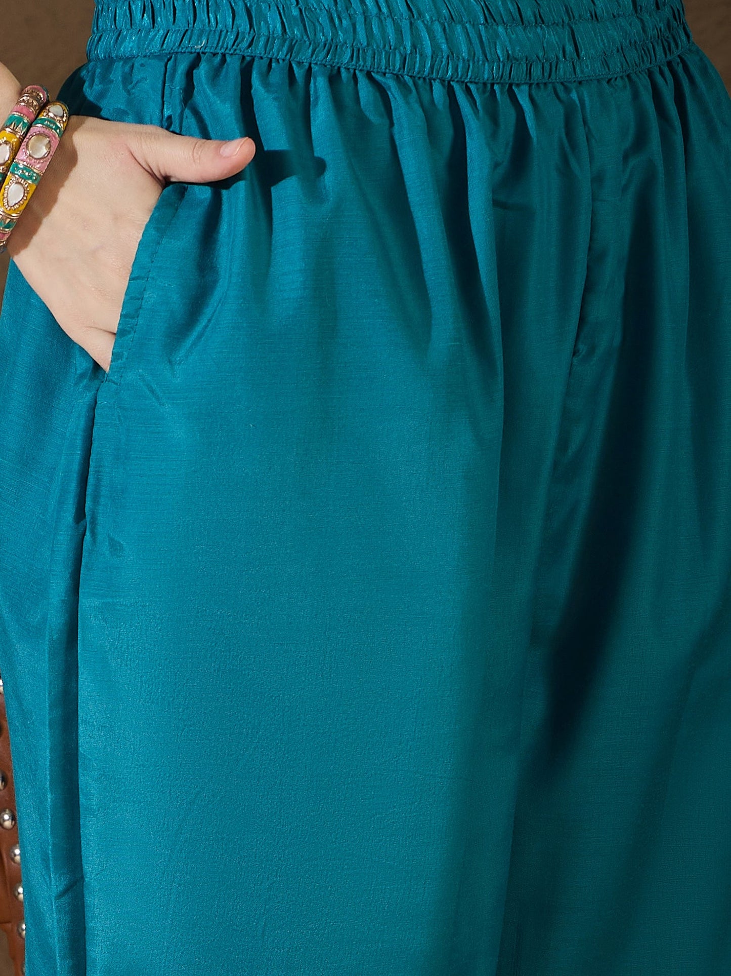 Saiyaara Teal Blue Cotton Silk Embellished Flared Suit Set - FitVibe Fashion