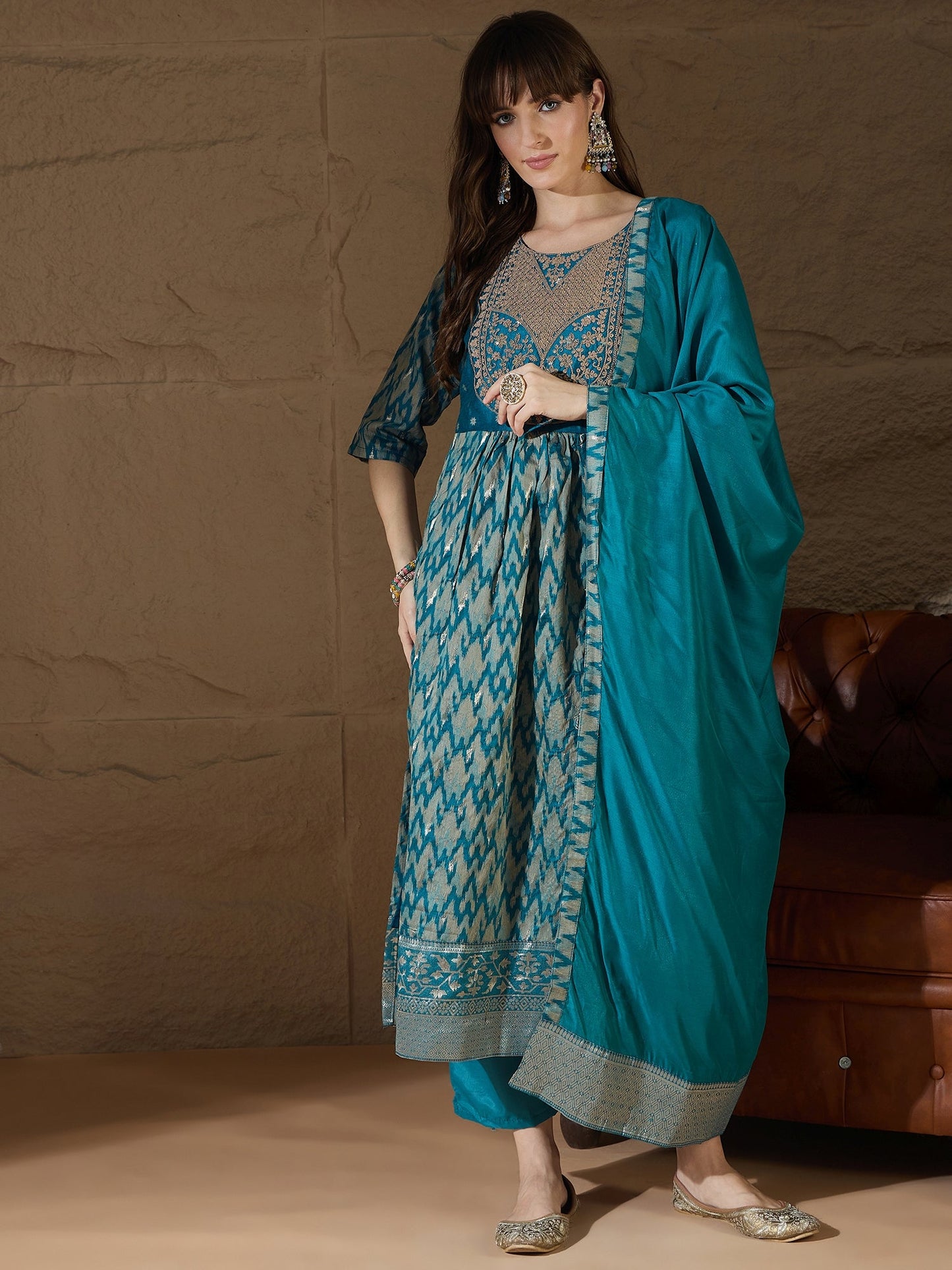 Saiyaara Teal Blue Cotton Silk Embellished Flared Suit Set - FitVibe Fashion