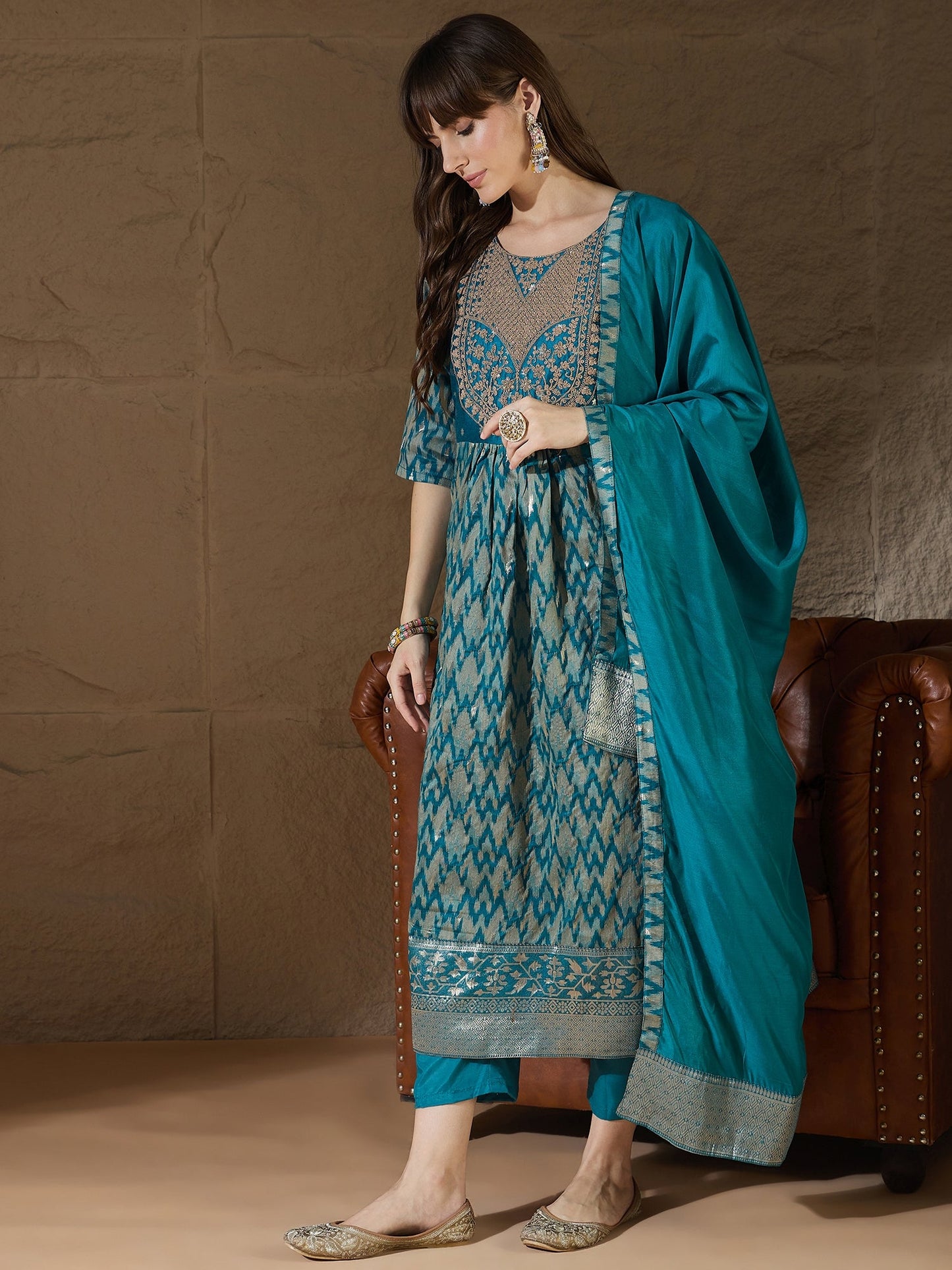 Saiyaara Teal Blue Cotton Silk Embellished Flared Suit Set - FitVibe Fashion