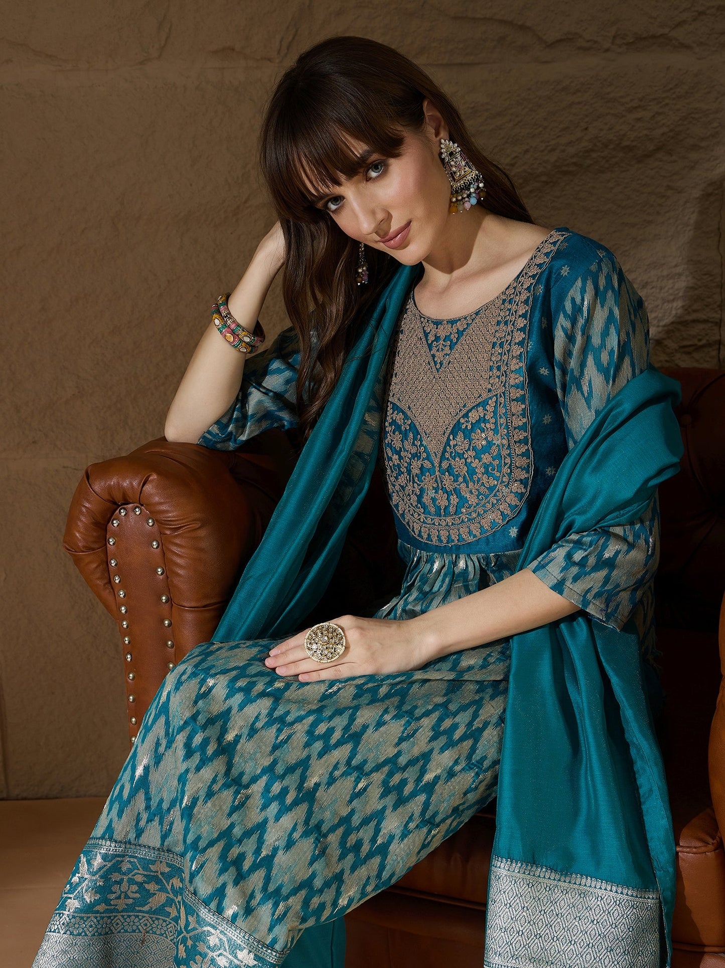 Saiyaara Teal Blue Cotton Silk Embellished Flared Suit Set - FitVibe Fashion