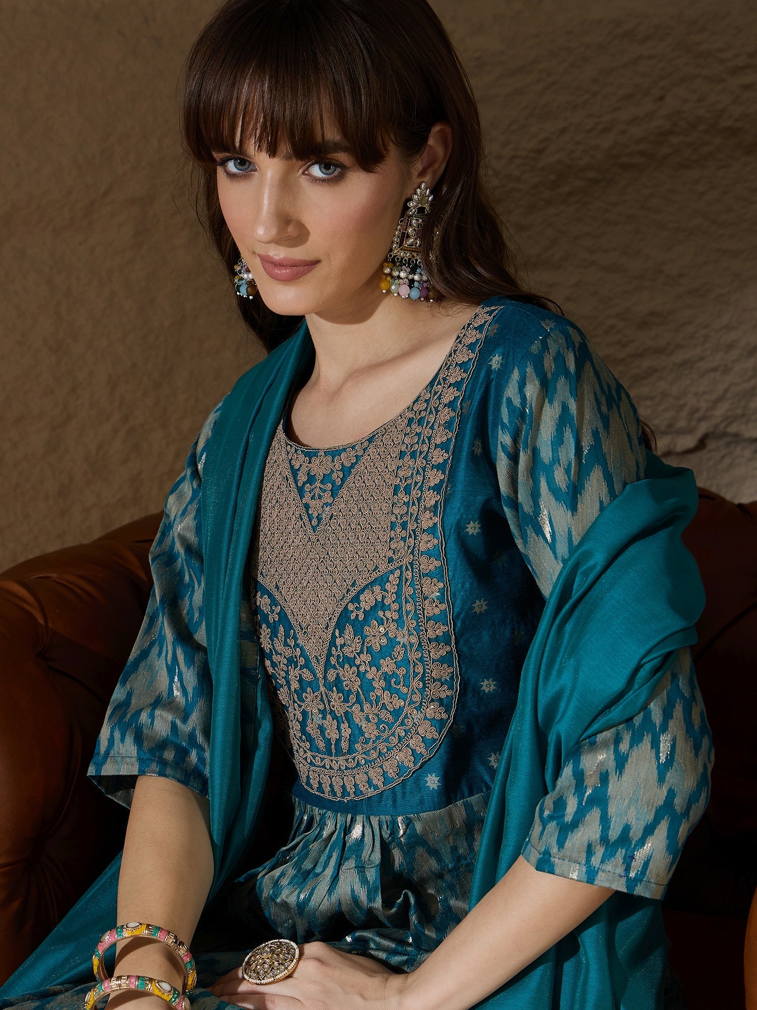 Saiyaara Teal Blue Cotton Silk Embellished Flared Suit Set - FitVibe Fashion