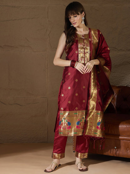 Cotton Silk Maroon Jacquard Kurta Pant With Banarasi Silk dupatta - FitVibe Fashion