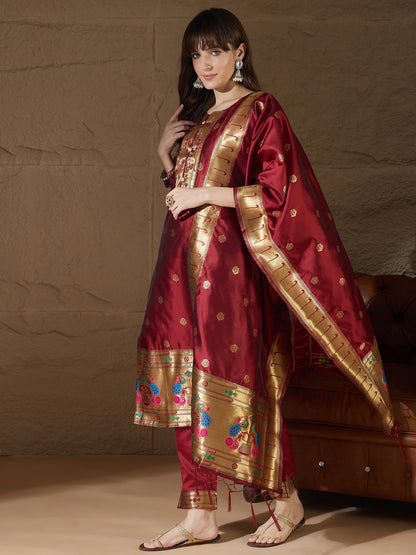 Cotton Silk Maroon Jacquard Kurta Pant With Banarasi Silk dupatta - FitVibe Fashion