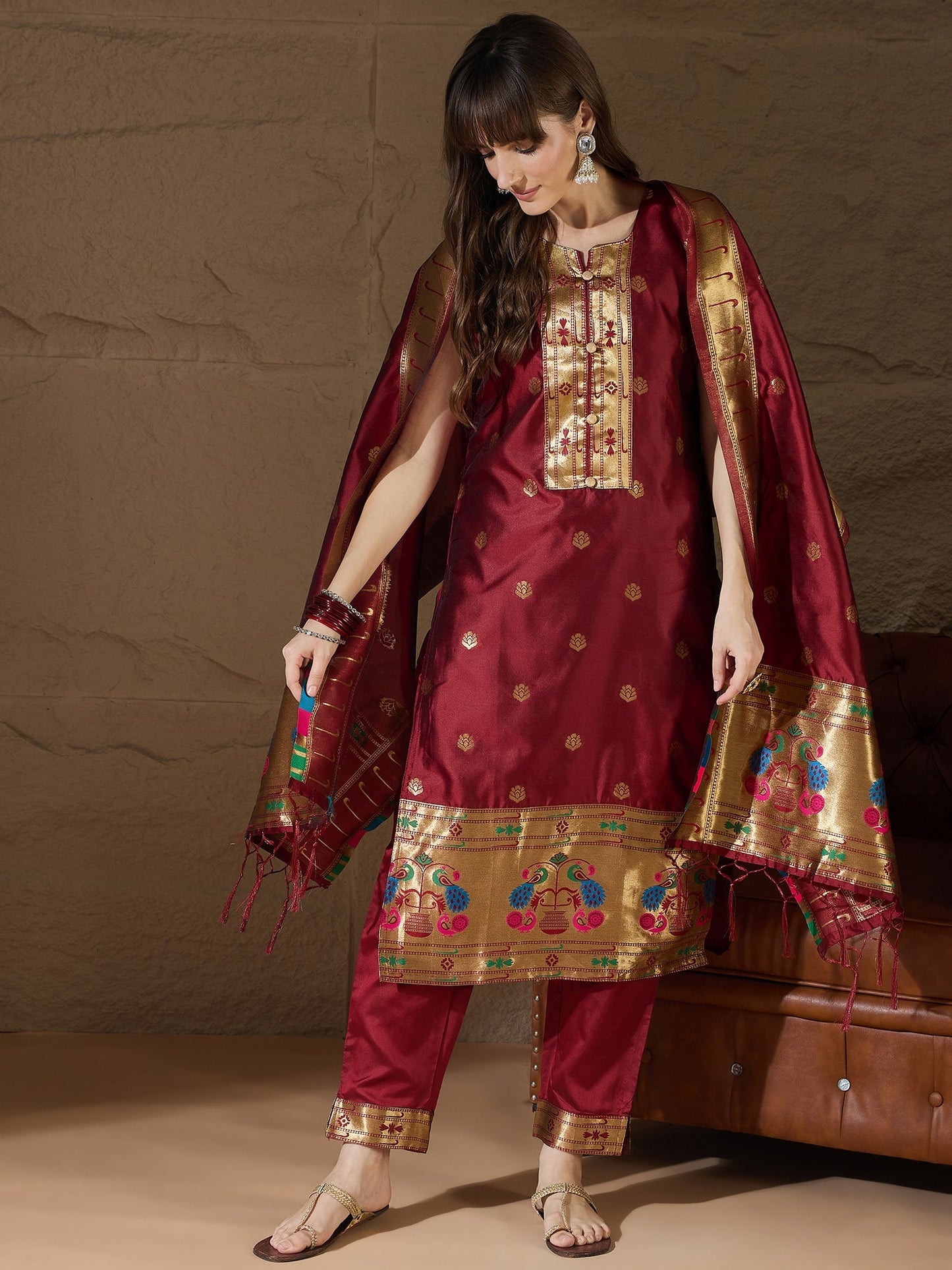 Cotton Silk Maroon Jacquard Kurta Pant With Banarasi Silk dupatta - FitVibe Fashion