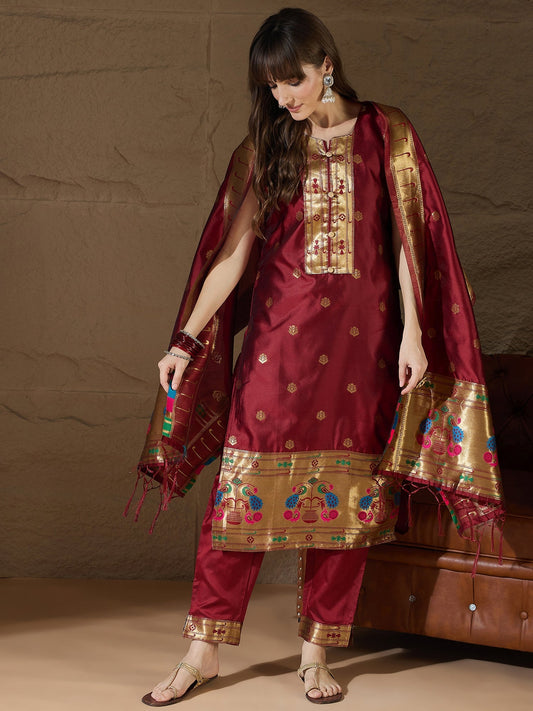 Cotton Silk Maroon Jacquard Kurta Pant With Banarasi Silk dupatta - FitVibe Fashion