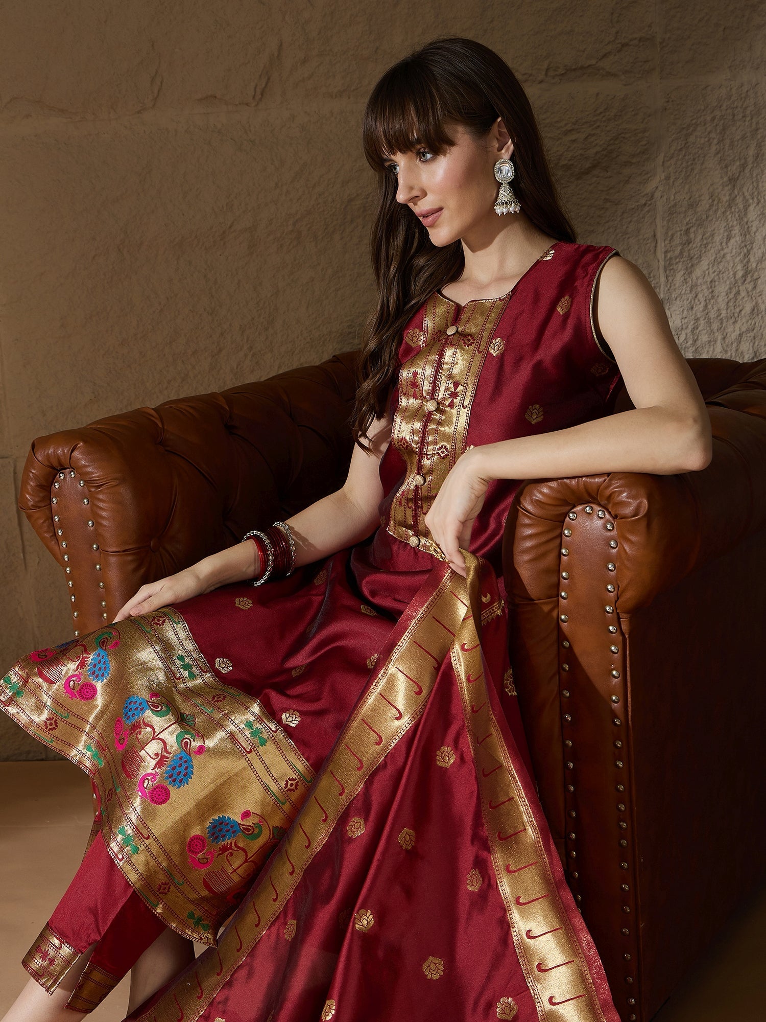 Cotton Silk Maroon Jacquard Kurta Pant With Banarasi Silk dupatta - FitVibe Fashion
