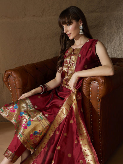 Cotton Silk Maroon Jacquard Kurta Pant With Banarasi Silk dupatta - FitVibe Fashion