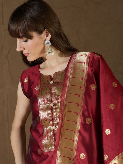 Cotton Silk Maroon Jacquard Kurta Pant With Banarasi Silk dupatta - FitVibe Fashion