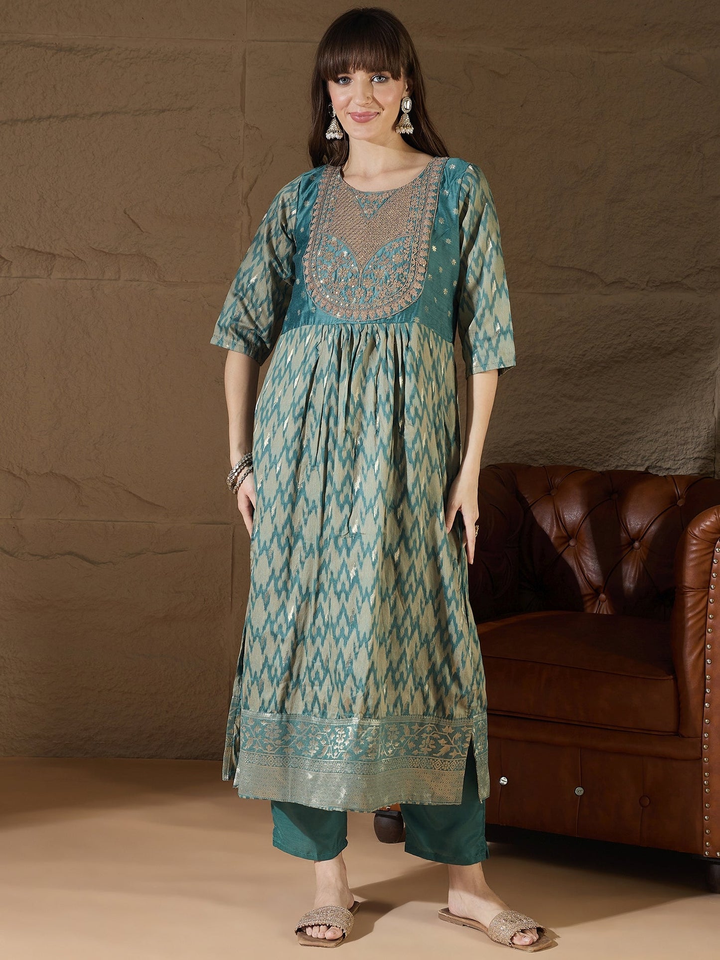 Saiyaara Light blue Cotton Silk Embellished Flared Suit Set - FitVibe Fashion