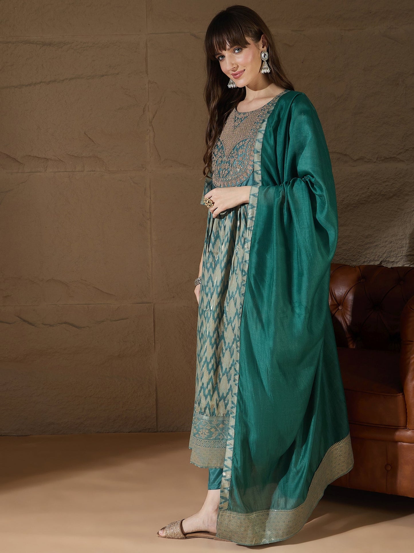 Saiyaara Light blue Cotton Silk Embellished Flared Suit Set - FitVibe Fashion