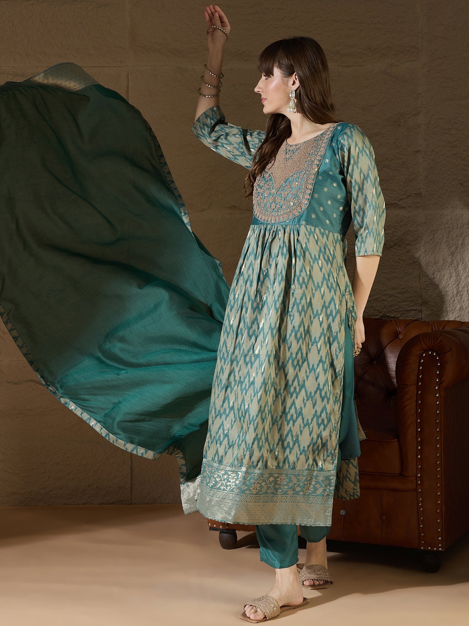 Saiyaara Light blue Cotton Silk Embellished Flared Suit Set - FitVibe Fashion