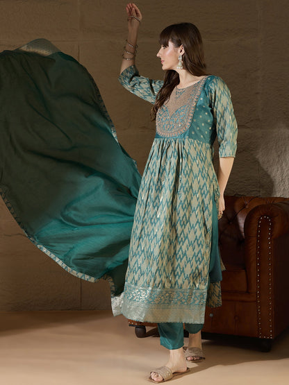 Saiyaara Light blue Cotton Silk Embellished Flared Suit Set - FitVibe Fashion