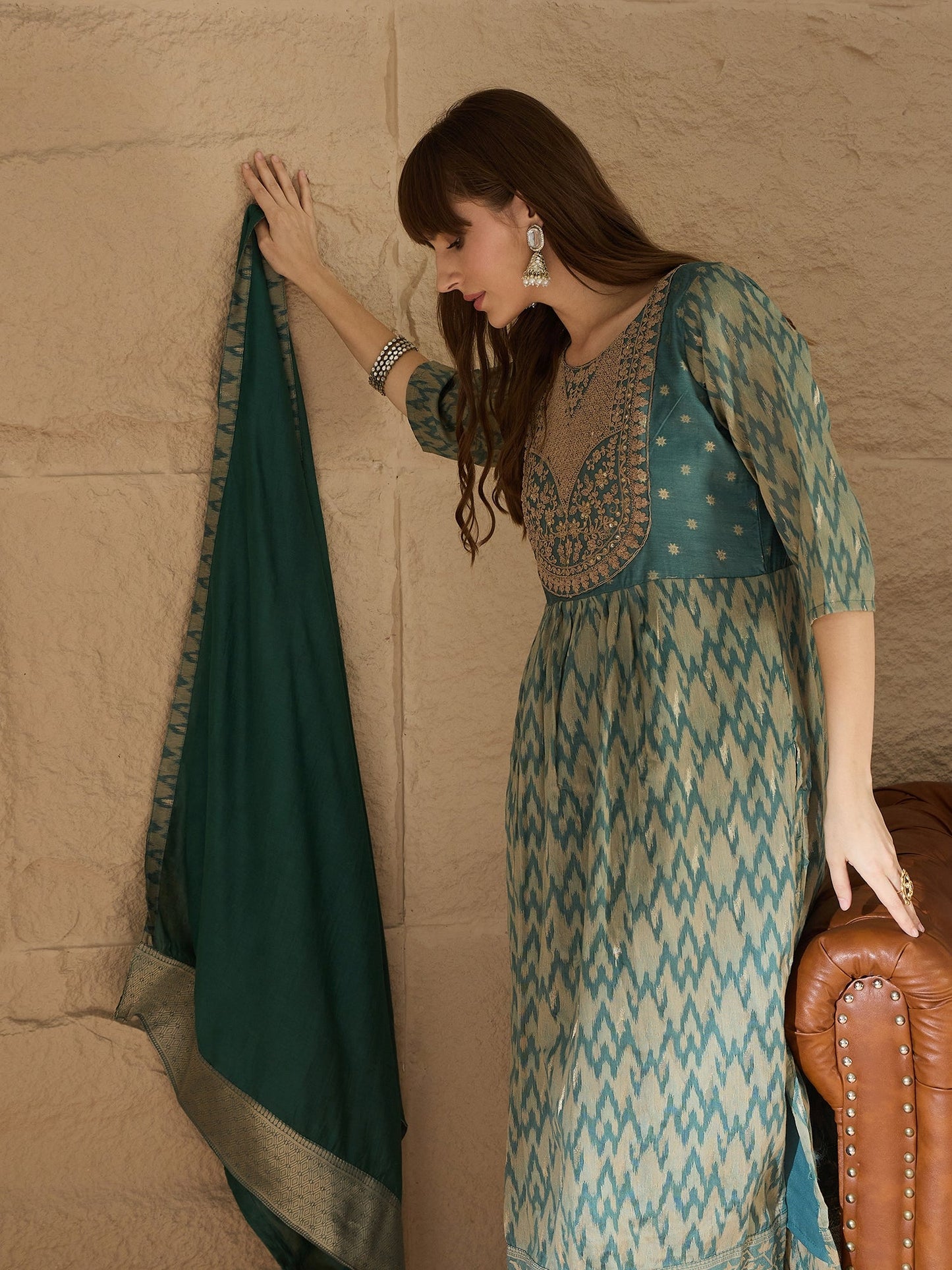 Saiyaara Light blue Cotton Silk Embellished Flared Suit Set - FitVibe Fashion