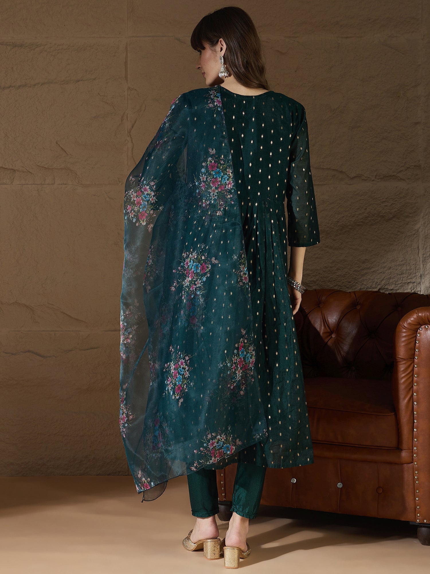 Neelangi Green Women Kurta and Leggings Duppata Set Chanderi Modal Butti - FitVibe Fashion