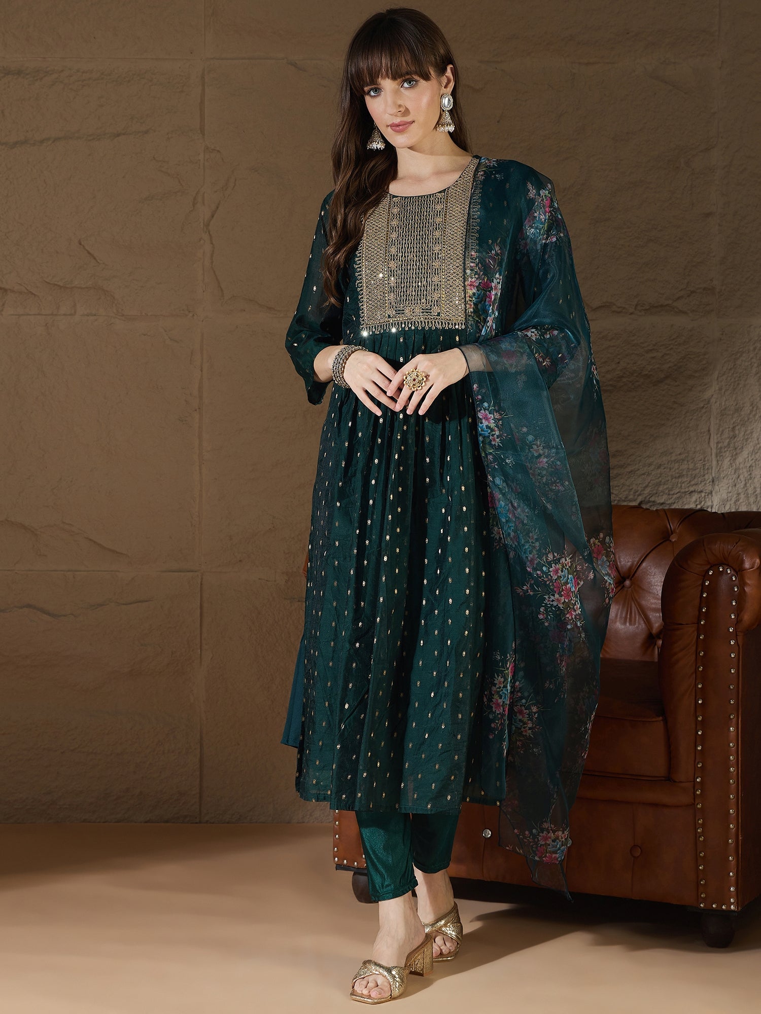 Neelangi Green Women Kurta and Leggings Duppata Set Chanderi Modal Butti - FitVibe Fashion