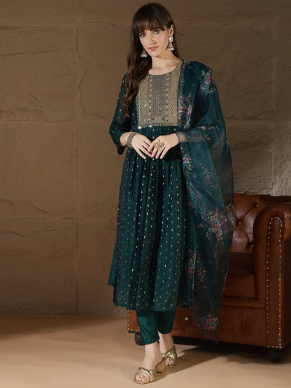 Neelangi Green Women Kurta and Leggings Duppata Set Chanderi Modal Butti - FitVibe Fashion