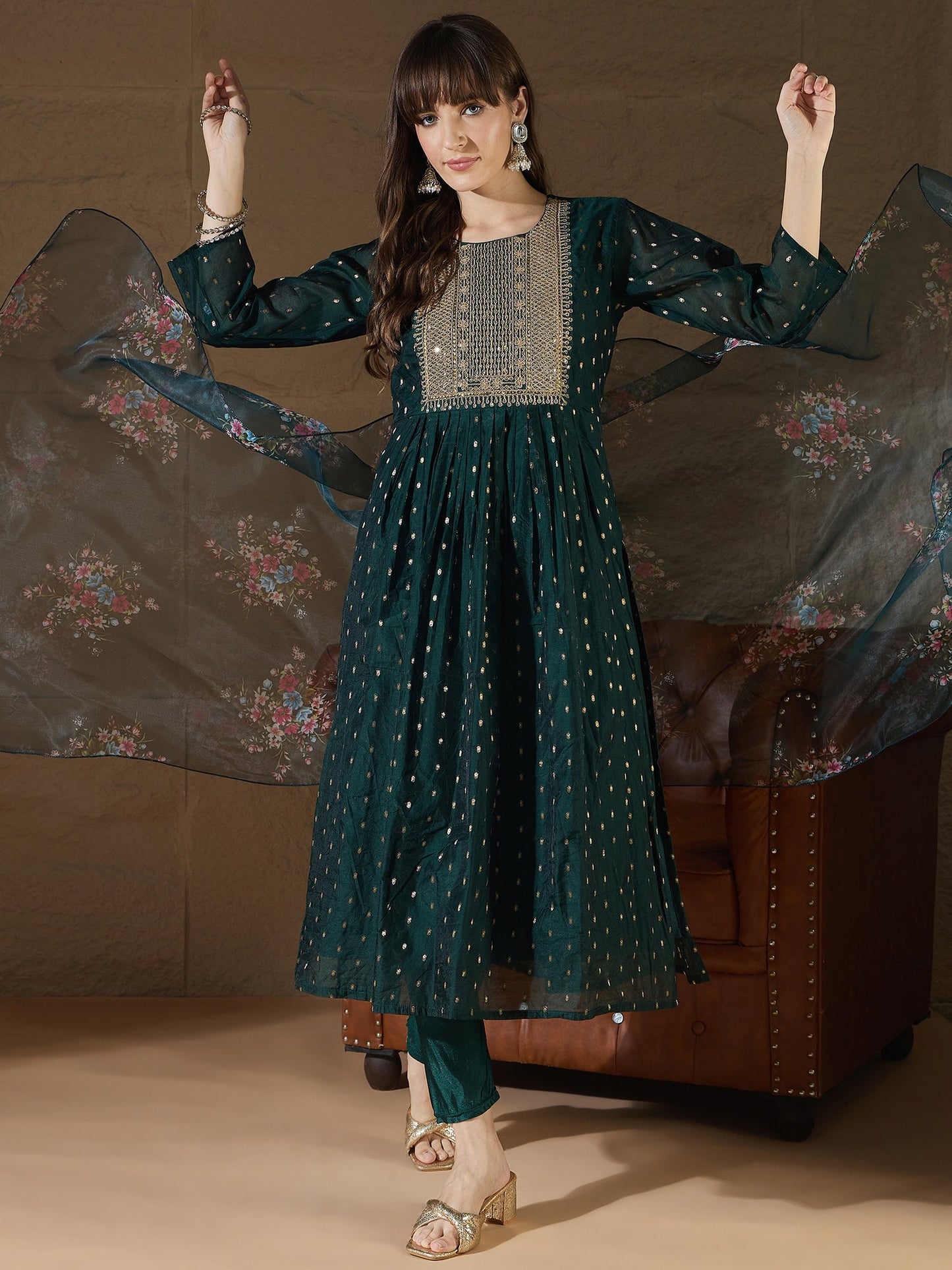 Neelangi Green Women Kurta and Leggings Duppata Set Chanderi Modal Butti - FitVibe Fashion