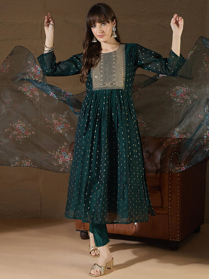 Neelangi Green Women Kurta and Leggings Duppata Set Chanderi Modal Butti - FitVibe Fashion