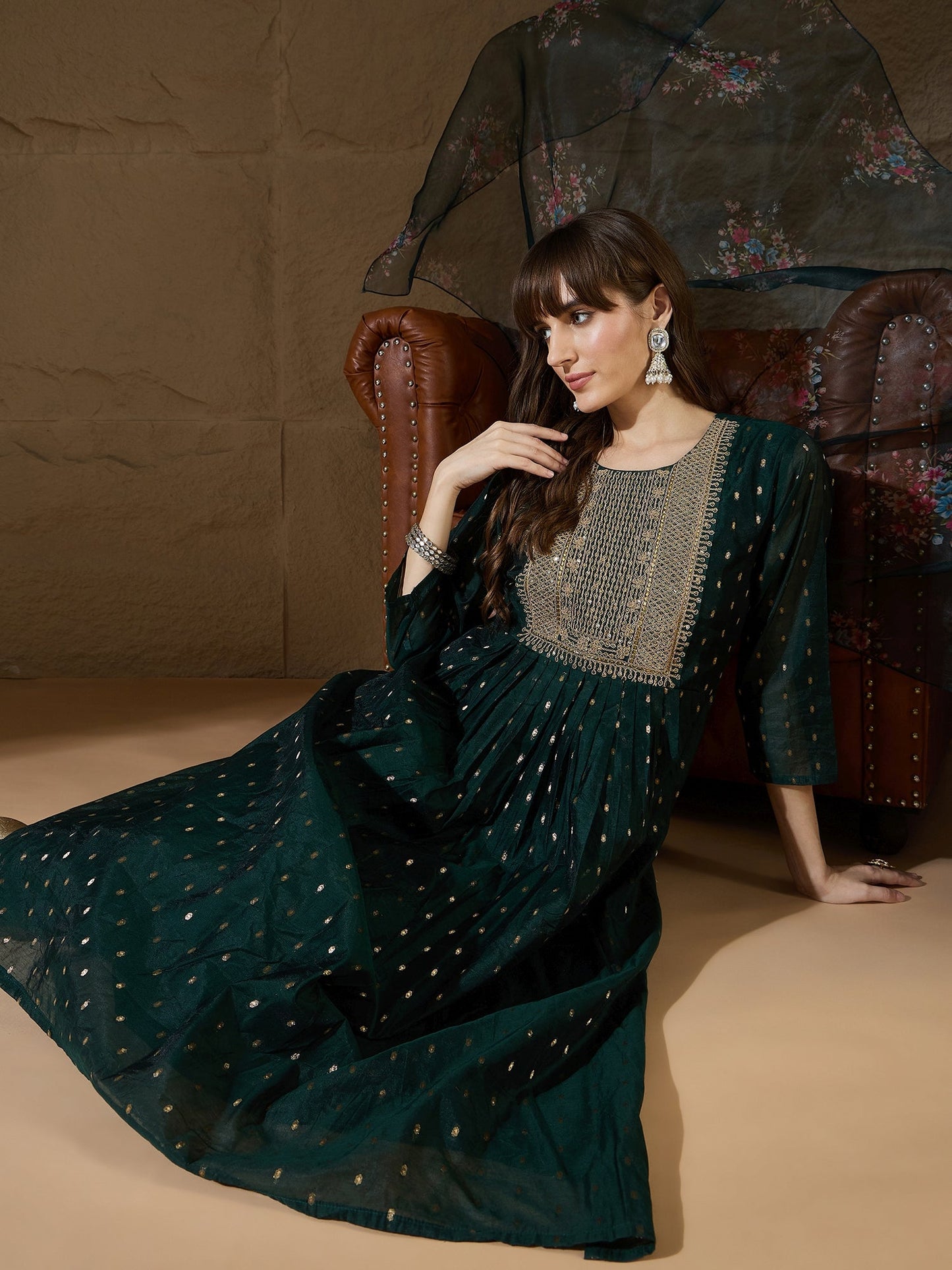 Neelangi Green Women Kurta and Leggings Duppata Set Chanderi Modal Butti - FitVibe Fashion