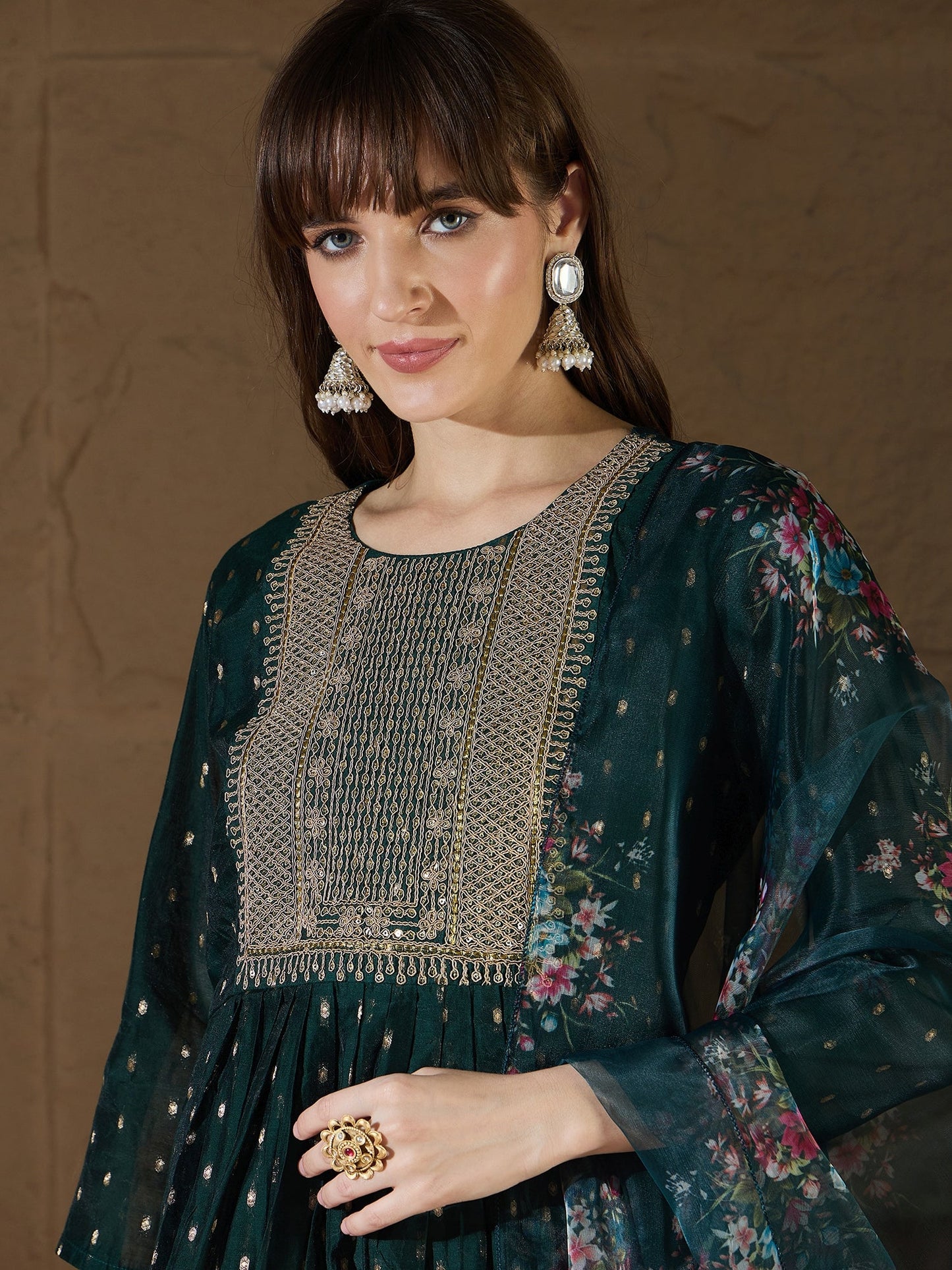 Neelangi Green Women Kurta and Leggings Duppata Set Chanderi Modal Butti - FitVibe Fashion