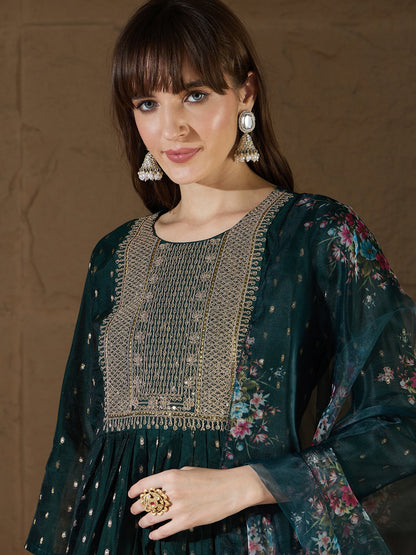 Neelangi Green Women Kurta and Leggings Duppata Set Chanderi Modal Butti - FitVibe Fashion