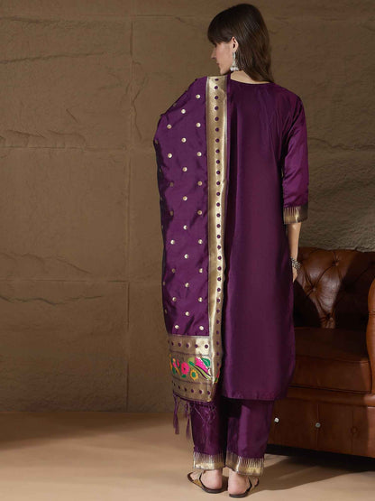 Aanira Purple Cotton Silk Jacquard Kurta Pant With Banarasi Silk dupatta