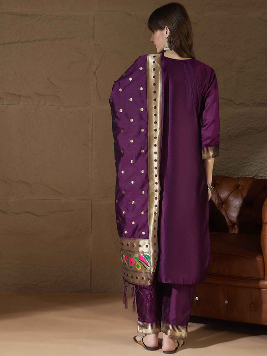 Aanira Purple Cotton Silk Jacquard Kurta Pant With Banarasi Silk dupatta
