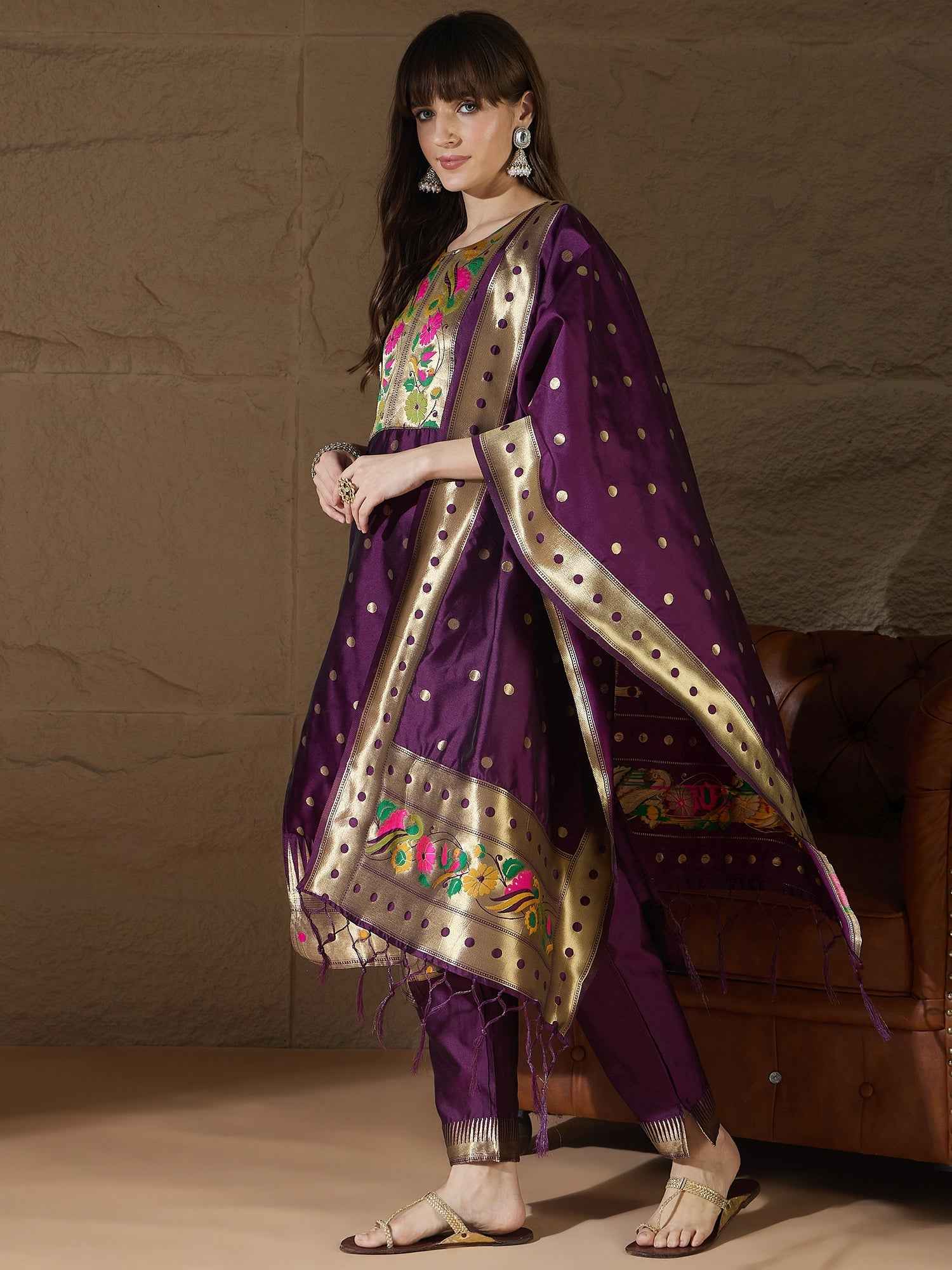Aanira Purple Cotton Silk Jacquard Kurta Pant With Banarasi Silk dupatta