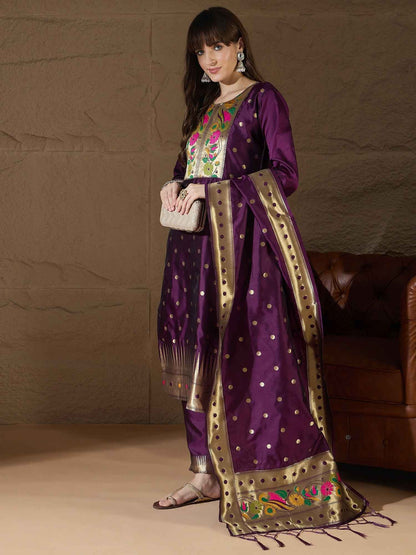 Aanira Purple Cotton Silk Jacquard Kurta Pant With Banarasi Silk dupatta