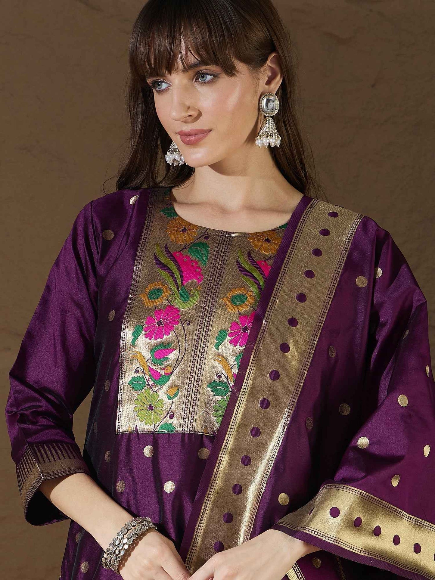 Aanira Purple Cotton Silk Jacquard Kurta Pant With Banarasi Silk dupatta