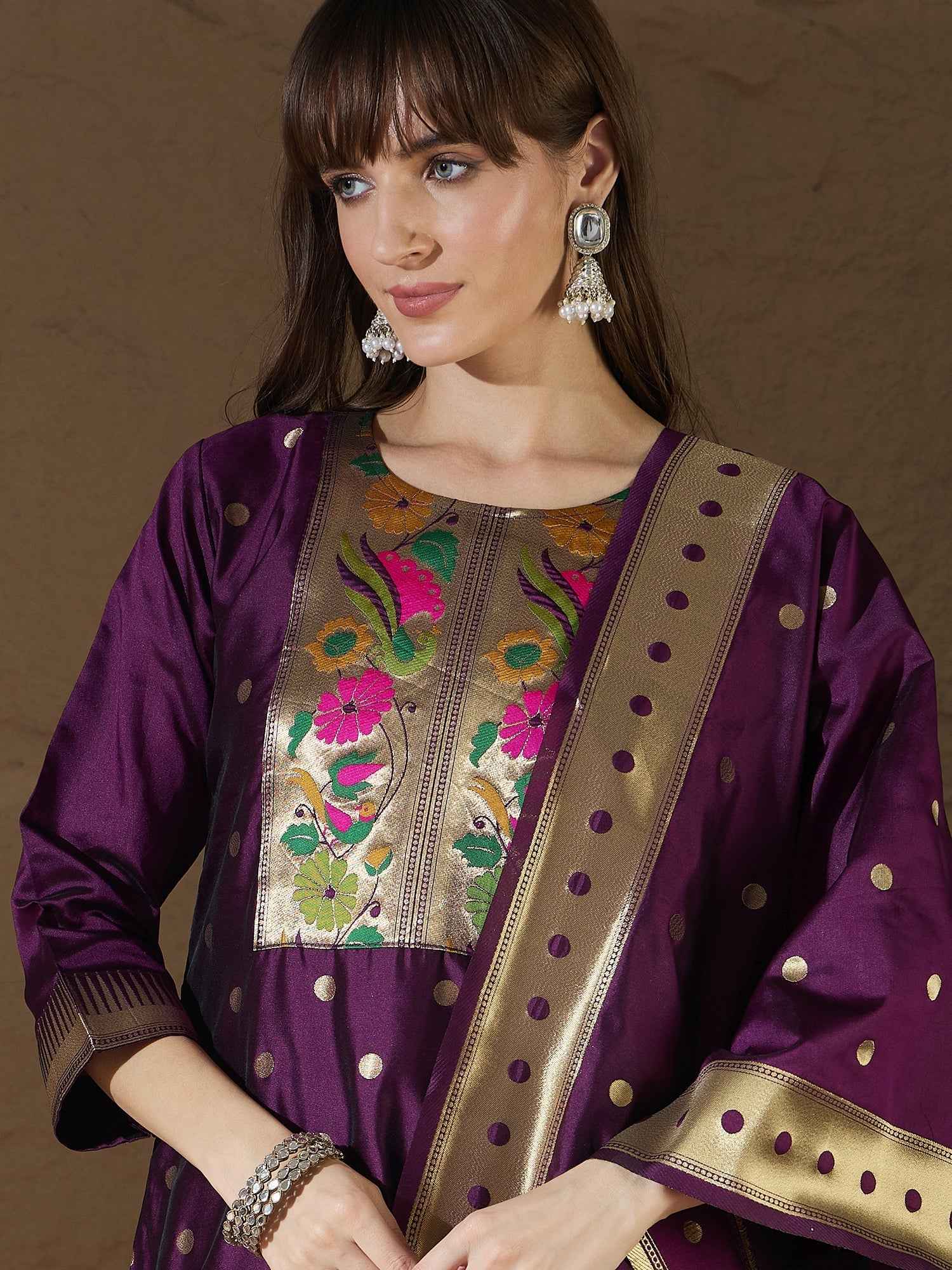 Aanira Purple Cotton Silk Jacquard Kurta Pant With Banarasi Silk dupatta
